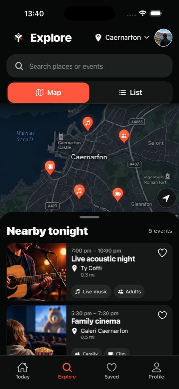 Yma Explore prototype showing event markers and nearby listings in Caernarfon