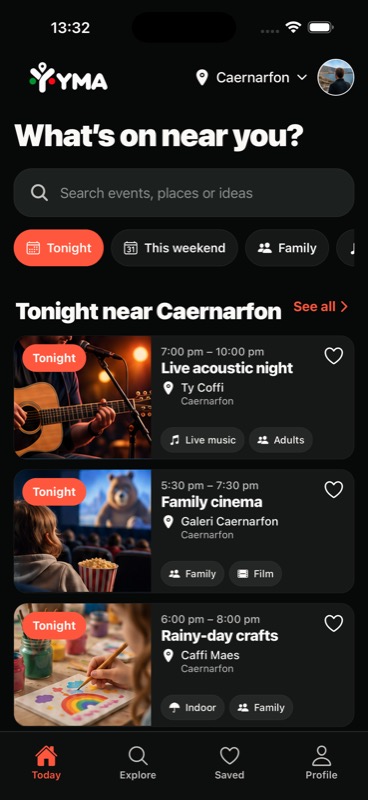 Yma Today prototype with search, filters and three sample event cards